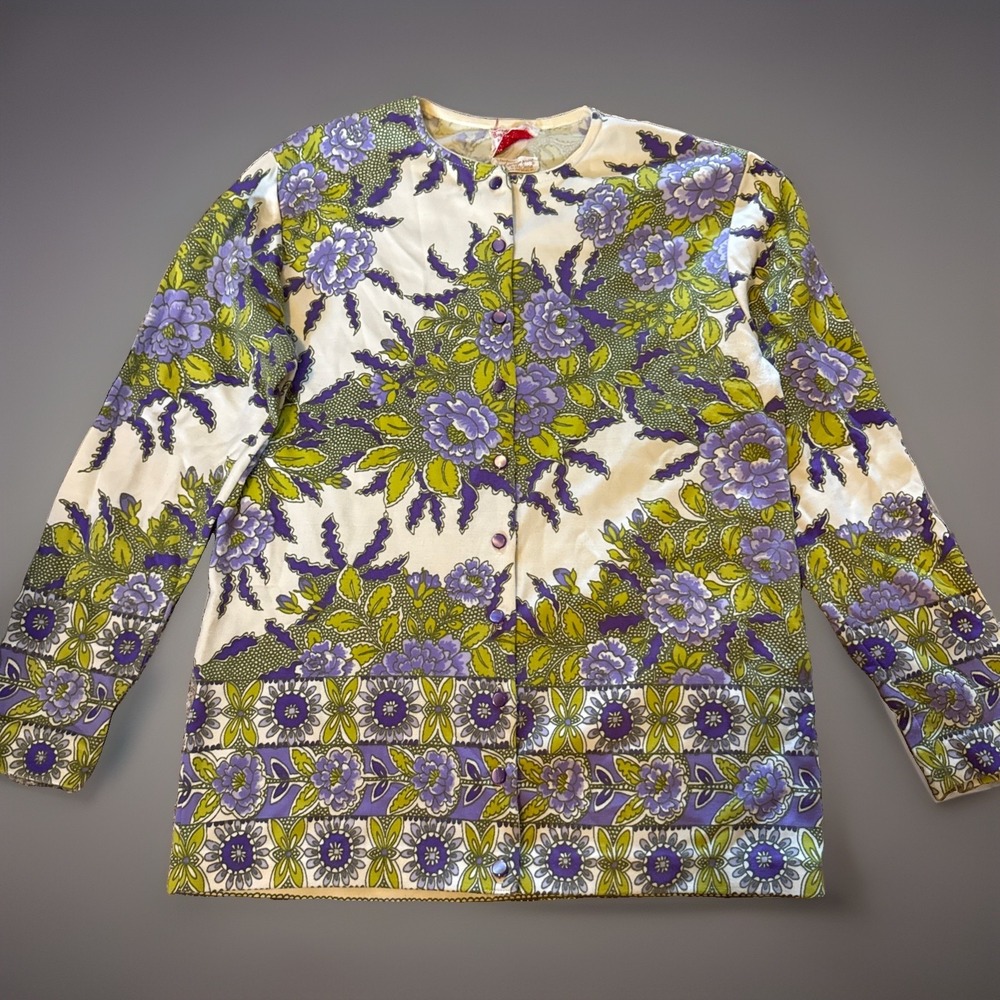 Vintage MCM Floral Top Womens S M  Hippie Green Purple Hand Screen Print